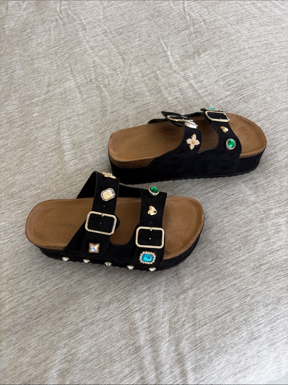 BAMBOO Black Jeweled Double-Buckle Platform Slide Sandals